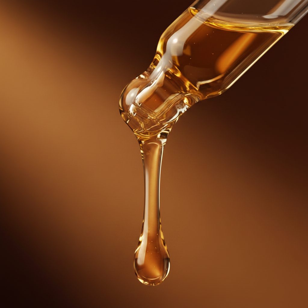 Amber Vitamin E oil dripping from a glass dropper